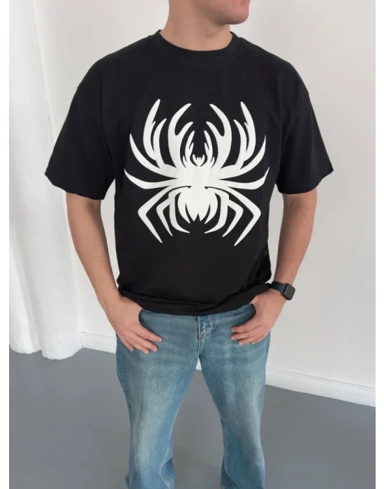 Erkek Örümcek Baskılı Tişört Kısa Kollu Bisiklet Yaka T-Shirt - Siyah