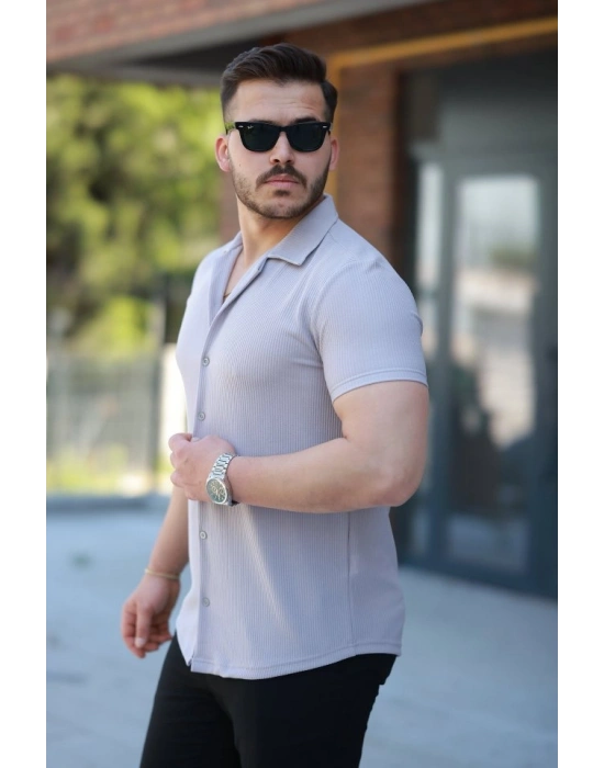 Erkek Ottoman Kumaş Apaj Yaka Kısa Kollu Gömlek