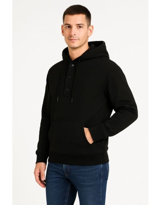 Erkek Ovarsize Kapüşonlu Swetshirt Kanguru Çepli Cıtcıtlı 3 Iplik Şardonlu Hoodie - Siyah