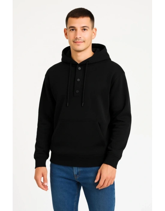 Erkek Ovarsize Kapüşonlu Swetshirt Kanguru Çepli Cıtcıtlı 3 Iplik Şardonlu Hoodie - Siyah