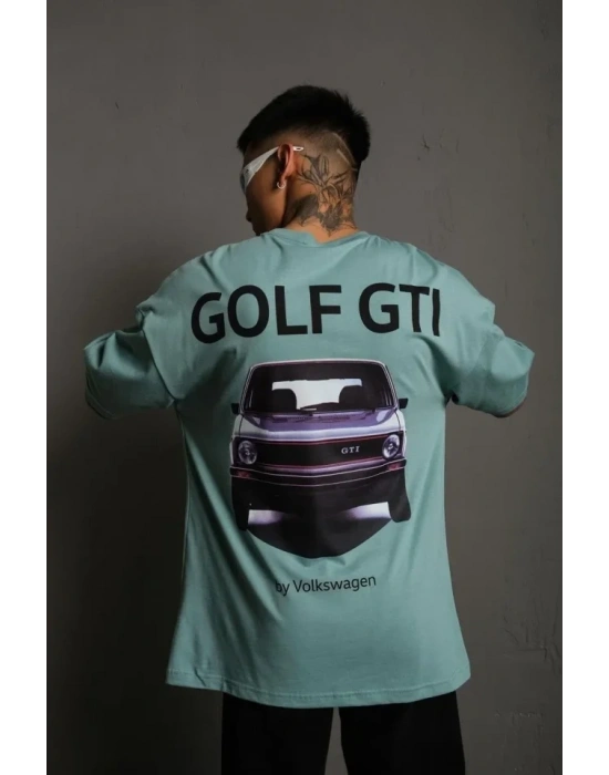 Erkek Oversize Baskılı Tişört – Golf GTI Retro Araba Desenli, Ön - Arka Dijital Baskı, Sokak Modası Stil - Mint Yeşili