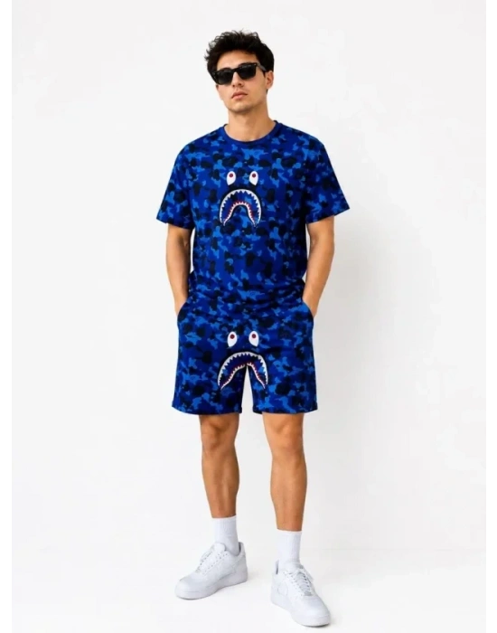 Erkek Oversize Kalıp Pubg Bape X Shark Nakışlı Cepli Şort Takım - Mavi