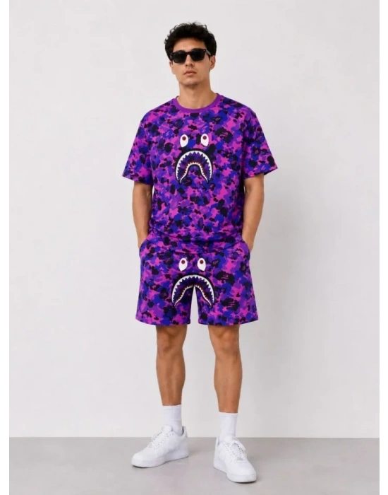 Erkek Oversize Kalıp Pubg Bape X Shark Nakışlı Cepli Şort Takım - Mor