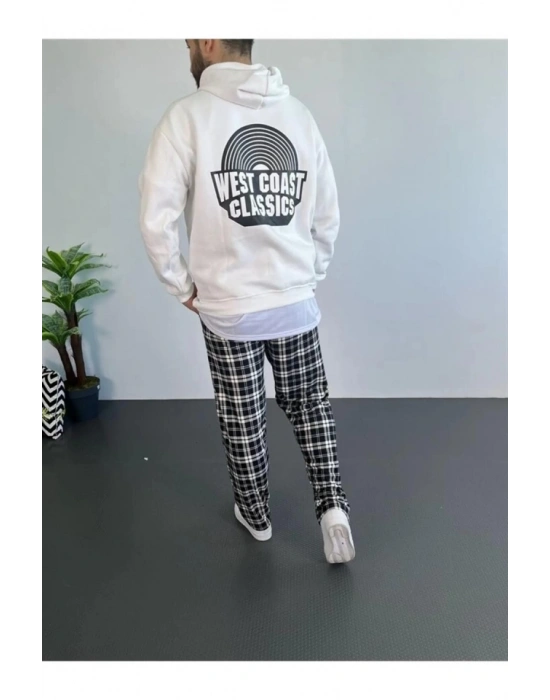 Erkek Oversize Üç İplik Kapüşonlu Sweatshirt – Beyaz Ön Baskılı, Kanguru Cepli, Rahat Kalıp, İçi Pamuklu Model