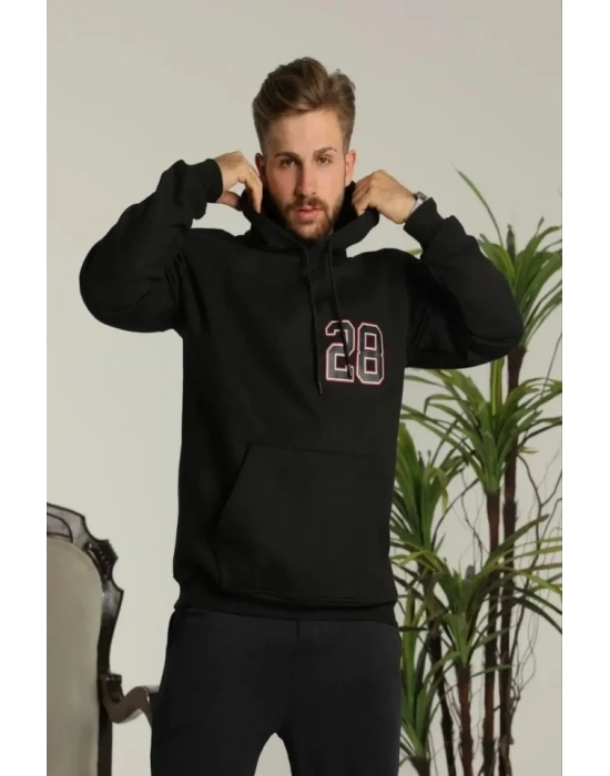 Erkek Oversize Üç İplik Kapüşonlu Sweatshirt –Sırt Ve Ön Baskılı, Kanguru Cepli, Rahat Kalıp Maskot Desenli Model - Siyah