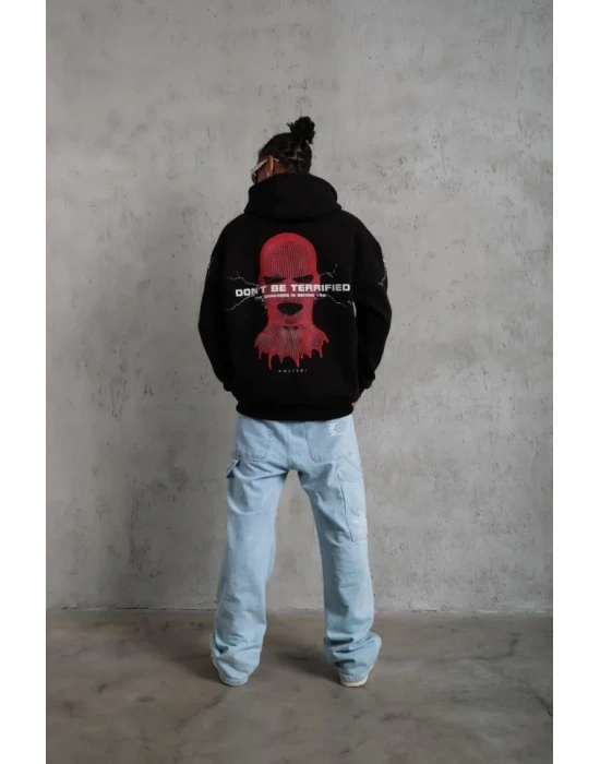 Erkek Oversize Üç İplik Kapüşonlu Sweatshirt – Siyah “Don’t Be Terrified” Ön, Sırt Ve Kol Baskılı, Kanguru Cepli, Ribanalı Rahat Model- Siyah