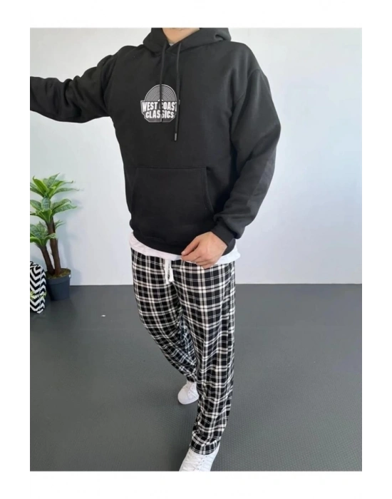 Erkek Oversize Üç İplik Kapüşonlu Sweatshirt – Siyah Sırt Ve Ön Baskılı, Kanguru Cepli, Rahat Kalıp, İçi Pamuklu ModeL-Siyah