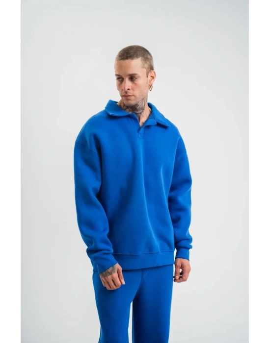 Erkek Patlı Yaka Üç İplik Pamuklu Sweatshirt Double Oversize Rahat Kalıp Günlük Kullanım - Mavi