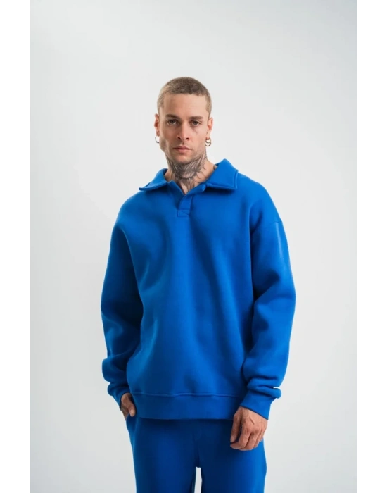 Erkek Patlı Yaka Üç İplik Pamuklu Sweatshirt Double Oversize Rahat Kalıp Günlük Kullanım - Mavi