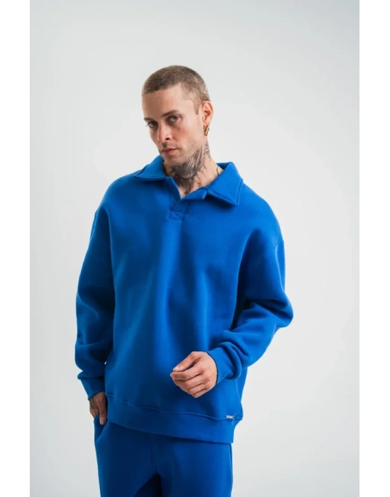 Erkek Patlı Yaka Üç İplik Pamuklu Sweatshirt Double Oversize Rahat Kalıp Günlük Kullanım - Mavi