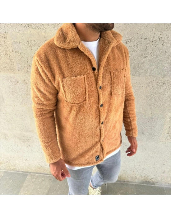 Erkek Pelüş Polar Hırka Gömlek – Yakalı, İlik Düğmeli, Göğüs Cepli, Yumuşak Dokulu Kışlık Regular Fit Rahat Günlük Model - Açık Kahve