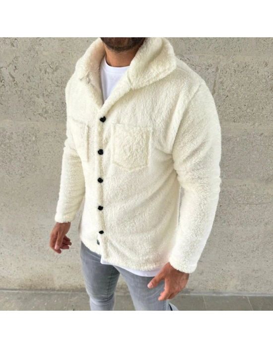 Erkek Pelüş Polar Hırka Gömlek – Yakalı, İlik Düğmeli, Göğüs Cepli, Yumuşak Dokulu Kışlık Regular Fit Rahat Günlük Model - Beyaz