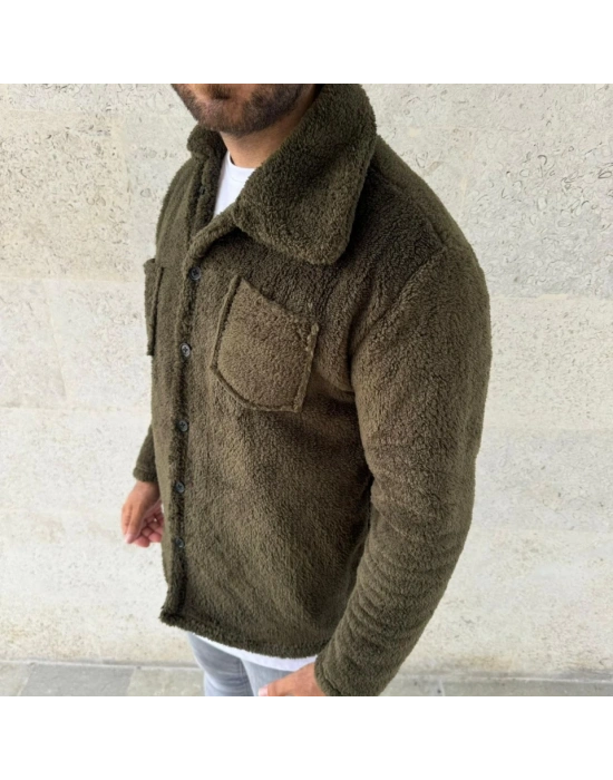 Erkek Pelüş Polar Hırka Gömlek – Yakalı, İlik Düğmeli, Göğüs Cepli, Yumuşak Dokulu Kışlık Regular Fit Rahat Günlük Model - Haki
