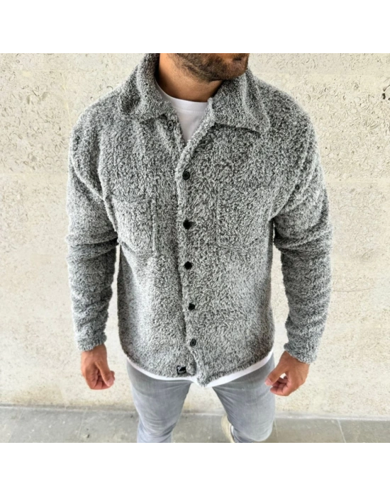 Erkek Pelüş Polar Hırka Gömlek – Yakalı, İlik Düğmeli, Göğüs Cepli, Yumuşak Dokulu Kışlık Regular Fit Rahat Günlük Model - Gri