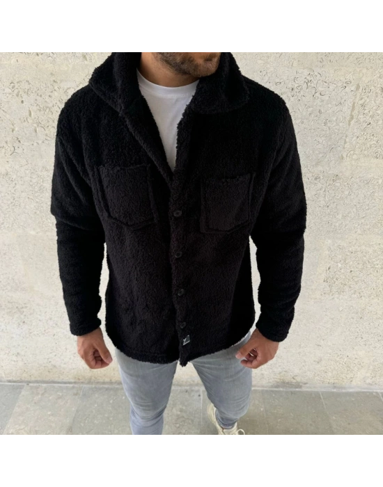 Erkek Pelüş Polar Hırka Gömlek – Yakalı, İlik Düğmeli, Göğüs Cepli, Yumuşak Dokulu Kışlık Regular Fit Rahat Günlük Model - Siyah