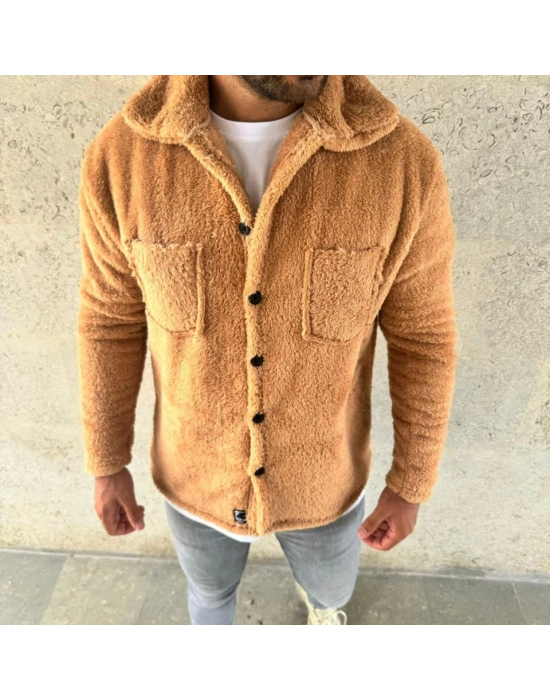 Erkek Pelüş Polar Hırka Gömlek – Yakalı, İlik Düğmeli, Göğüs Cepli, Yumuşak Dokulu Kışlık Regular Fit Rahat Günlük Model - Açık Kahve
