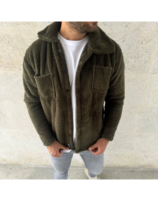Erkek Pelüş Polar Hırka Gömlek – Yakalı, İlik Düğmeli, Göğüs Cepli, Yumuşak Dokulu Kışlık Regular Fit Rahat Günlük Model - Haki