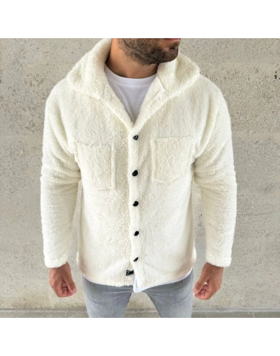 Erkek Pelüş Polar Hırka Gömlek – Yakalı, İlik Düğmeli, Göğüs Cepli, Yumuşak Dokulu Kışlık Regular Fit Rahat Günlük Model - Beyaz