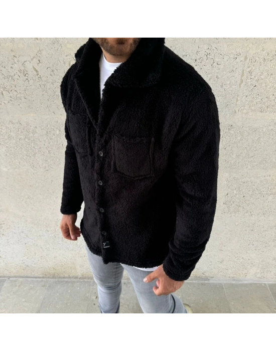 Erkek Pelüş Polar Hırka Gömlek – Yakalı, İlik Düğmeli, Göğüs Cepli, Yumuşak Dokulu Kışlık Regular Fit Rahat Günlük Model - Siyah