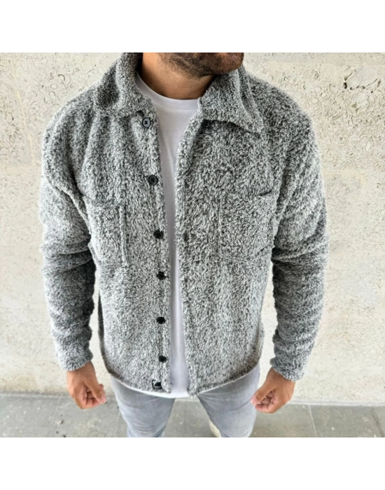 Erkek Pelüş Polar Hırka Gömlek – Yakalı, İlik Düğmeli, Göğüs Cepli, Yumuşak Dokulu Kışlık Regular Fit Rahat Günlük Model - Gri