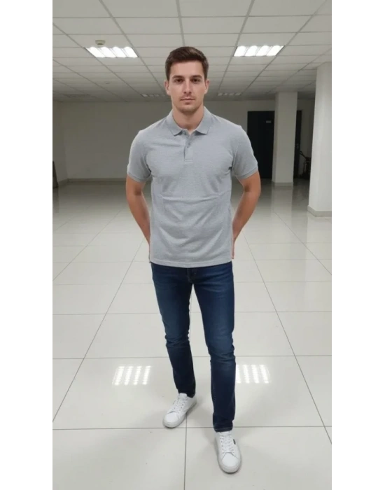 Erkek Pike Kumaş Düğmeli Yaka Regular Fit Günlük Kısa Kol Tişört T-shirt - Gri