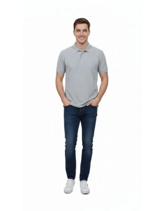 Erkek Pike Kumaş Düğmeli Yaka Regular Fit Günlük Kısa Kol Tişört T-shirt - Gri