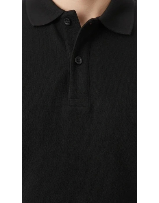 Erkek Pike Kumaş Düğmeli Yaka Regular Fit Günlük Kısa Kol Tişört T-shirt - Siyah