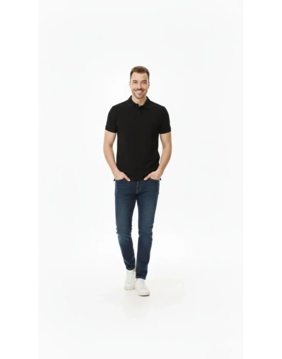 Erkek Pike Kumaş Düğmeli Yaka Regular Fit Günlük Kısa Kol Tişört T-shirt - Siyah