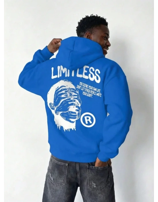 Erkek Premium Baskılı Kapşonlu Sweatshirt Üç İplik İçi Pamuklu Kanguru Cepli - Saks Mavisi