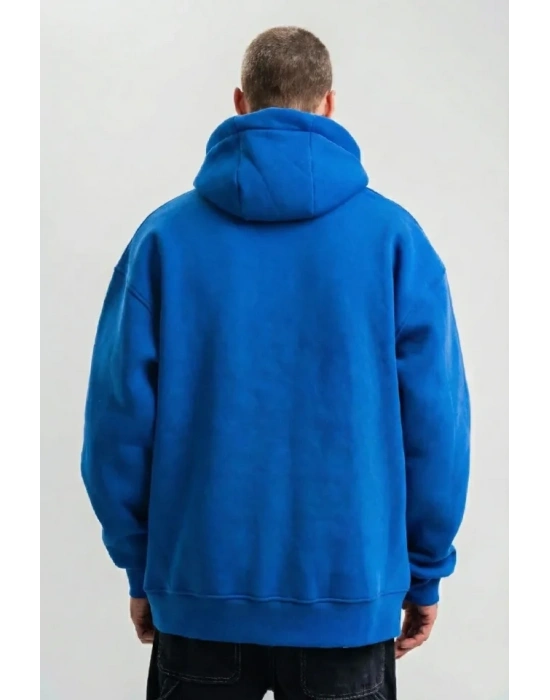 Erkek Saks Mavi Double Oversize 3 İplik Pamuklu Kapüşonlu Kanguru Cepli Sweatshirt Hoodie - Saks Mavi