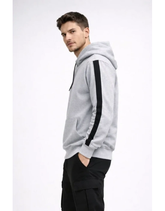 Erkek Şeritli Kapüşonlu Sweatshirt Oversize 3 Iplik Pamuklu - Beyaz
