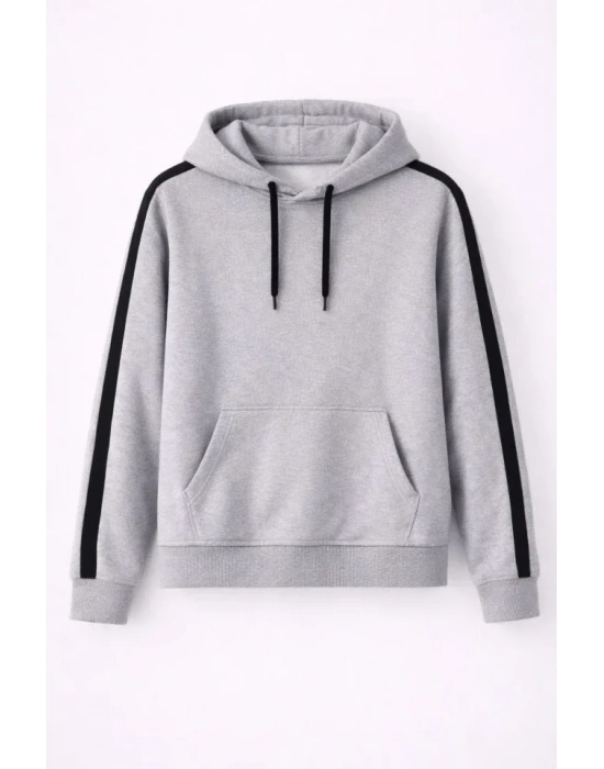 Erkek Şeritli Kapüşonlu Sweatshirt Oversize 3 Iplik Pamuklu - Gri