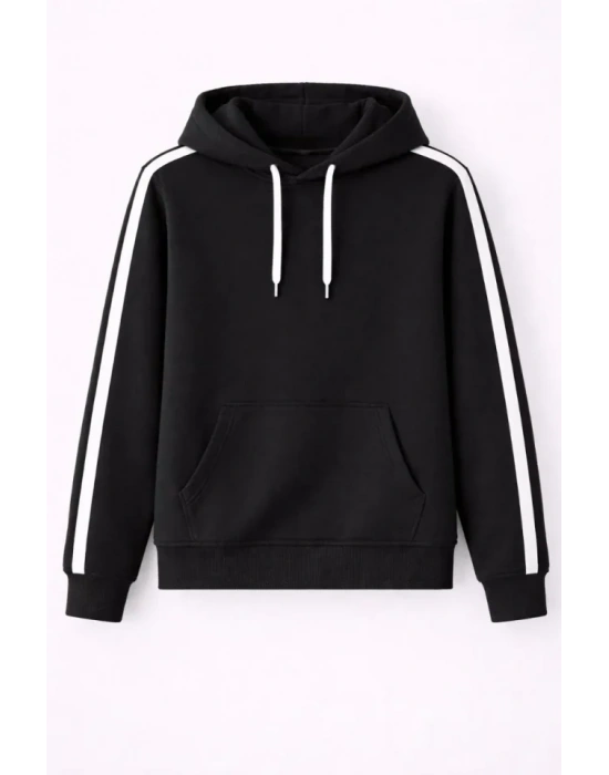 Erkek Şeritli Kapüşonlu Sweatshirt Oversize 3 Iplik Pamuklu - Siyah