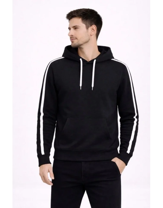Erkek Şeritli Kapüşonlu Sweatshirt Oversize 3 Iplik Pamuklu - Siyah