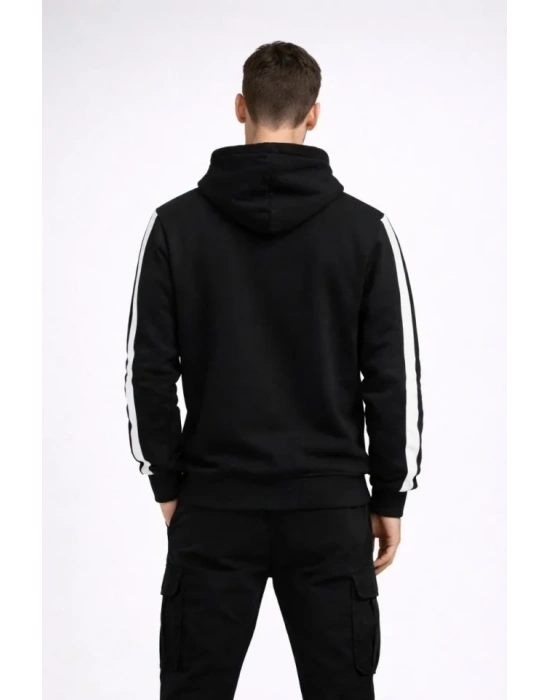 Erkek Şeritli Kapüşonlu Sweatshirt Oversize 3 Iplik Pamuklu - Siyah