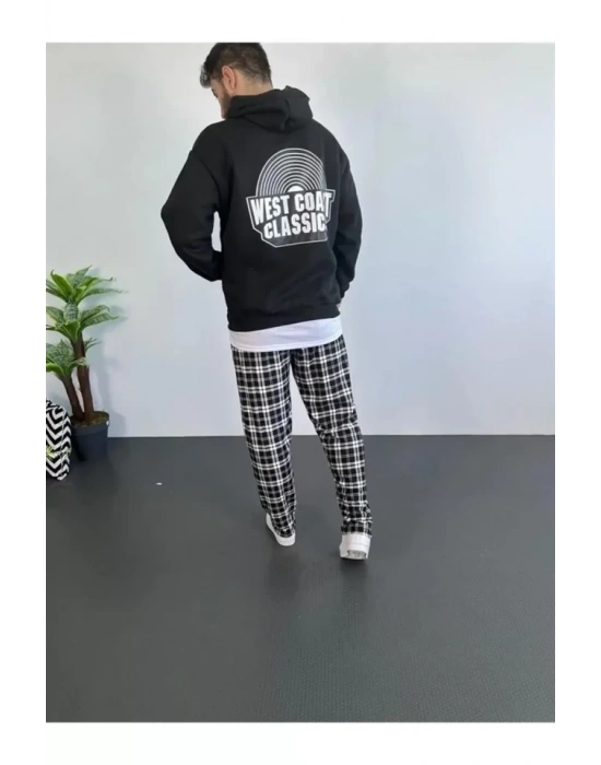 Erkek Sırt Baskılı Kapüşonlu Üç İplik Oversize Sweatshirt - Siyah