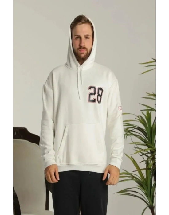 Erkek Sırt Baskılı Oversize Üç İplik Kapüşonlu Sweatshirt - Beyaz