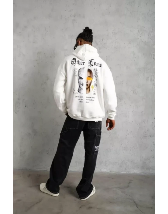 Erkek Sırt Baskılı Oversize Üç İplik Kapüşonlu Sweatshirt - Beyaz