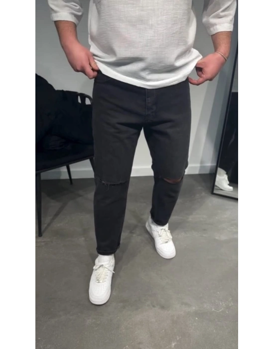 Erkek Siyah Dizi Yırtık Boyfriend Jean