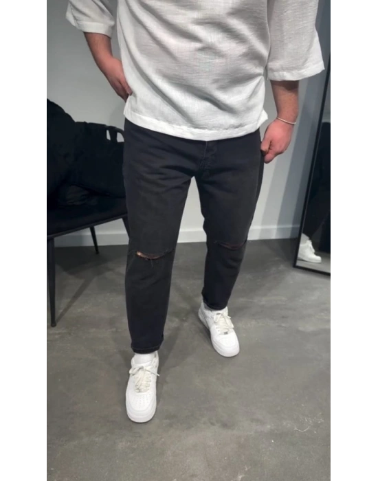 Erkek Siyah Dizi Yırtık Boyfriend Jean