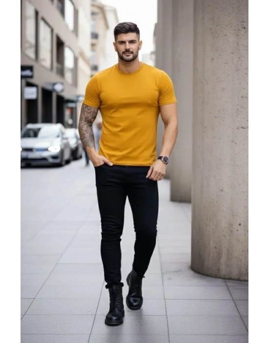 Erkek T-Shirt Bisiklet Yaka Slim Fit Dar Kesim Likralı Tişört Günlük Basic Body - Limon