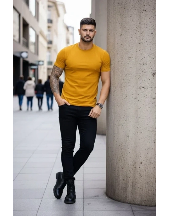 Erkek T-Shirt Bisiklet Yaka Slim Fit Dar Kesim Likralı Tişört Günlük Basic Body - Limon
