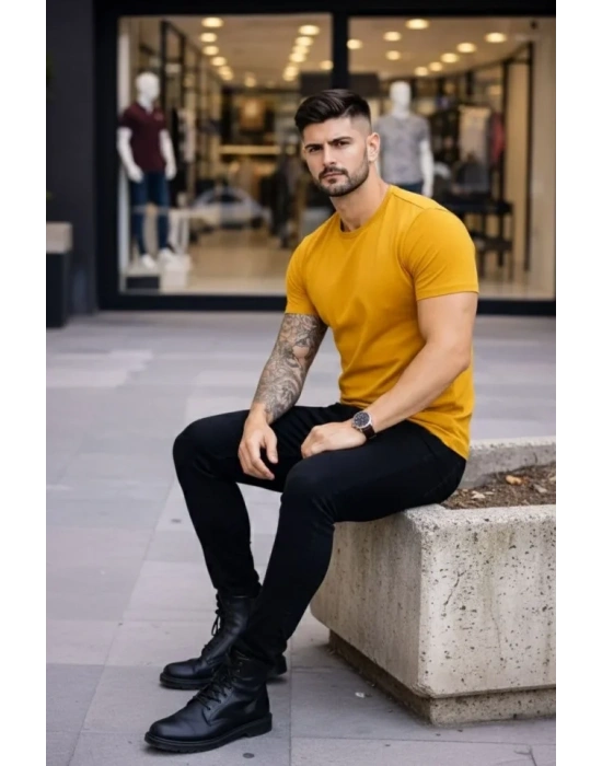 Erkek T-Shirt Bisiklet Yaka Slim Fit Dar Kesim Likralı Tişört Günlük Basic Body - Limon