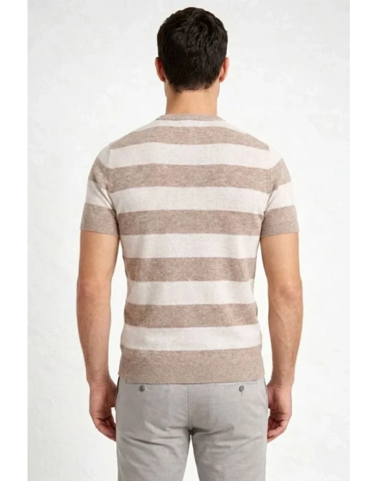 Erkek T-shirt Çizgili Triko Dokuma Bisiklet Yaka Tişört - Bej