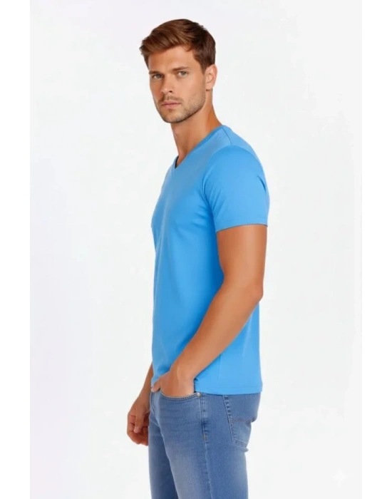 Erkek T-Shirt V Yaka Slim Fit Dar Kesim Likralı Tişört Günlük Basic Body - Açık Mavi