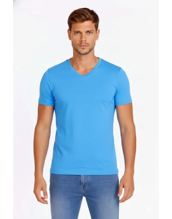 Erkek T-Shirt V Yaka Slim Fit Dar Kesim Likralı Tişört Günlük Basic Body - Açık Mavi