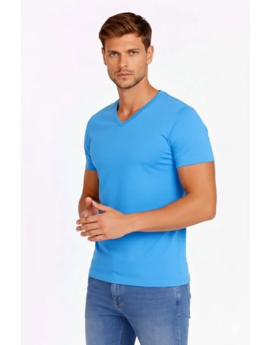 Erkek T-Shirt V Yaka Slim Fit Dar Kesim Likralı Tişört Günlük Basic Body - Açık Mavi