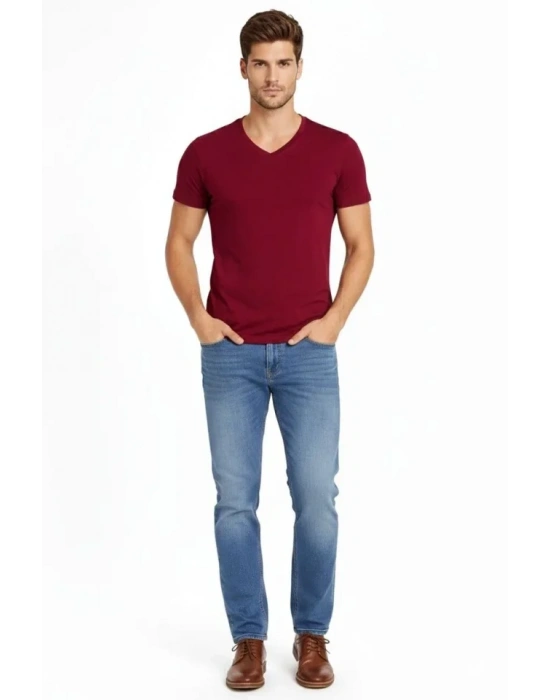 Erkek T-Shirt V Yaka Slim Fit Dar Kesim Likralı Tişört Günlük Basic Body - Bordo