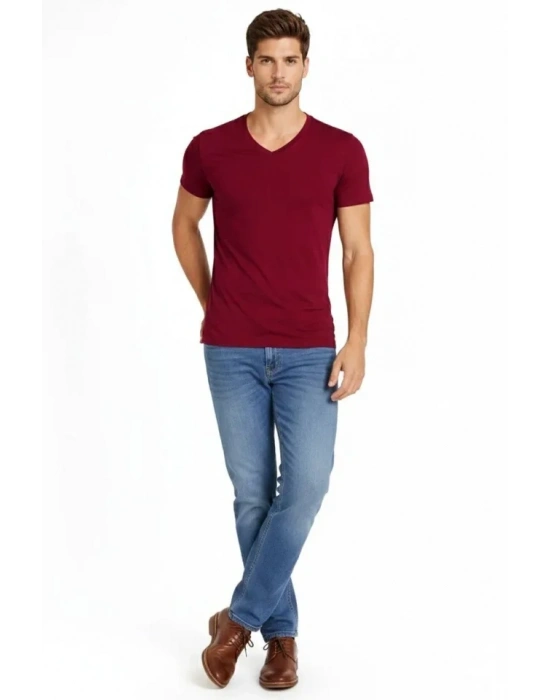 Erkek T-Shirt V Yaka Slim Fit Dar Kesim Likralı Tişört Günlük Basic Body - Bordo