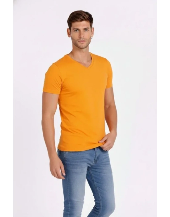 Erkek T-Shirt V Yaka Slim Fit Dar Kesim Likralı Tişört Günlük Basic Body - Sarı